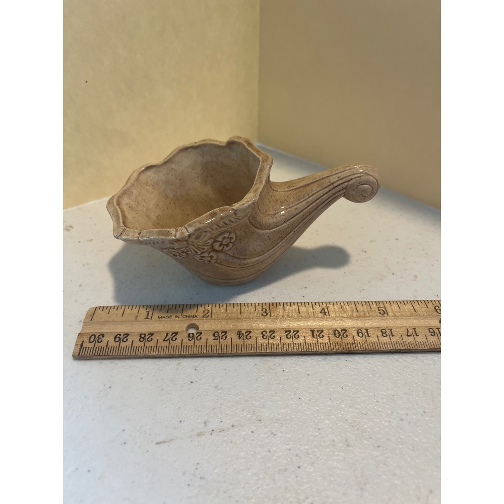 Vintage Beige Speckled Ceramic Cornucopia Planter Floral Horn of Plenty Decor